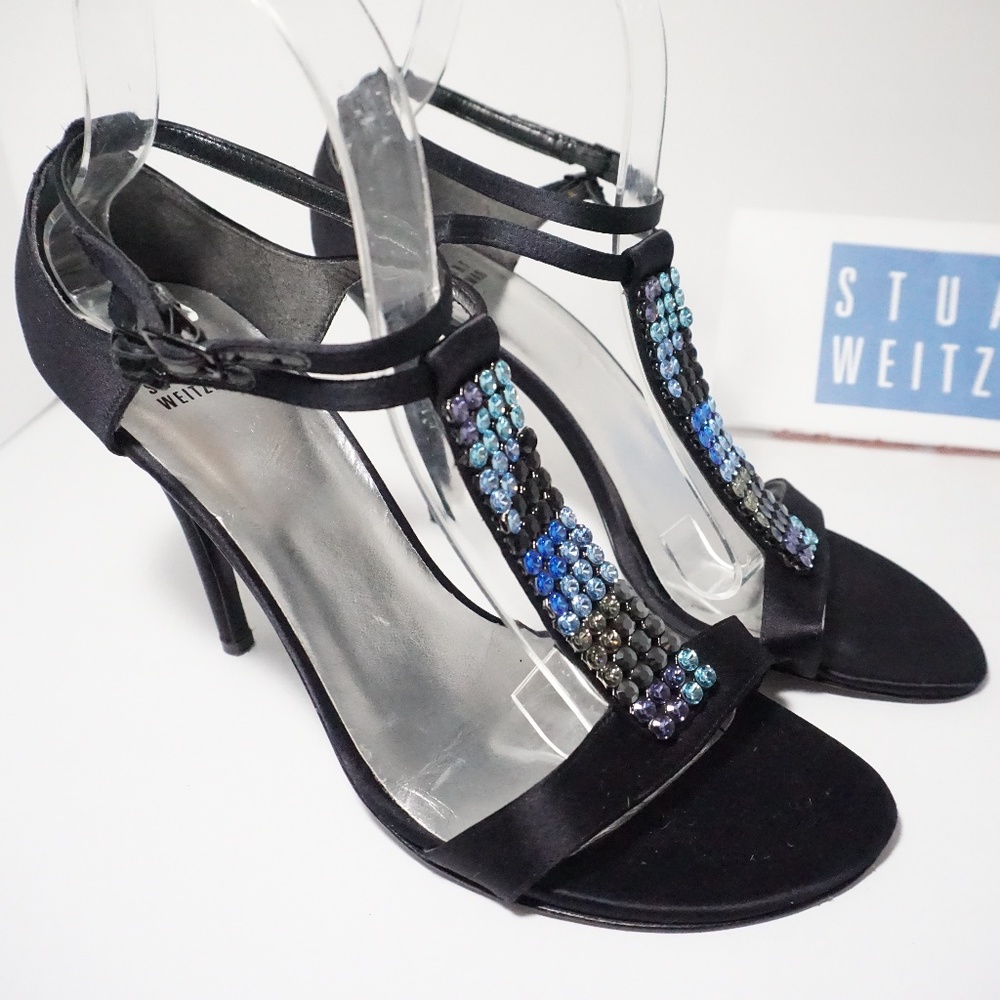 Never Worn Stuart Weitzman High Heeled Sandals Black Satin with Crystals 9.5
